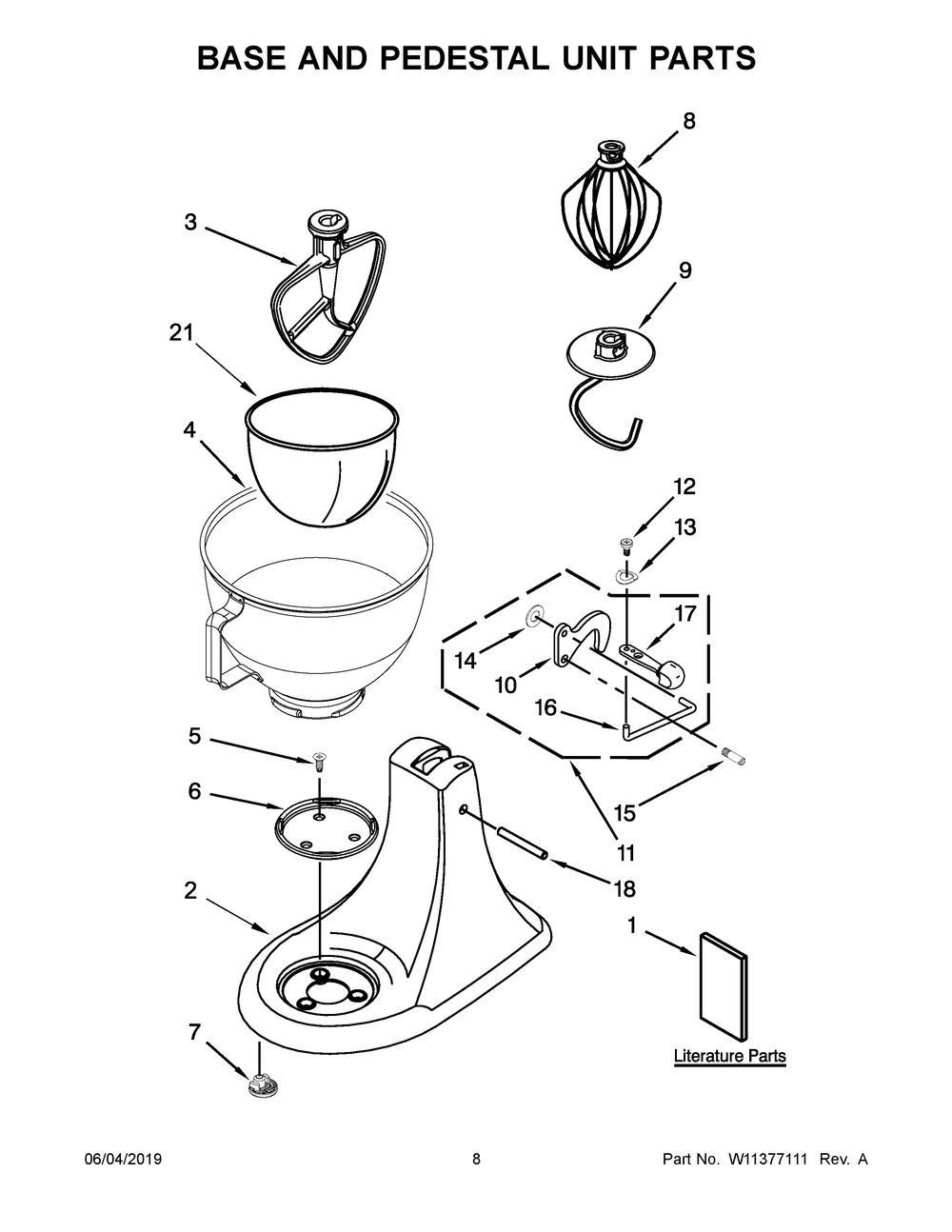 Base And Pedestal Unit Parts Diagram and Parts List for KSM88SL0  Whirlpool Mixer