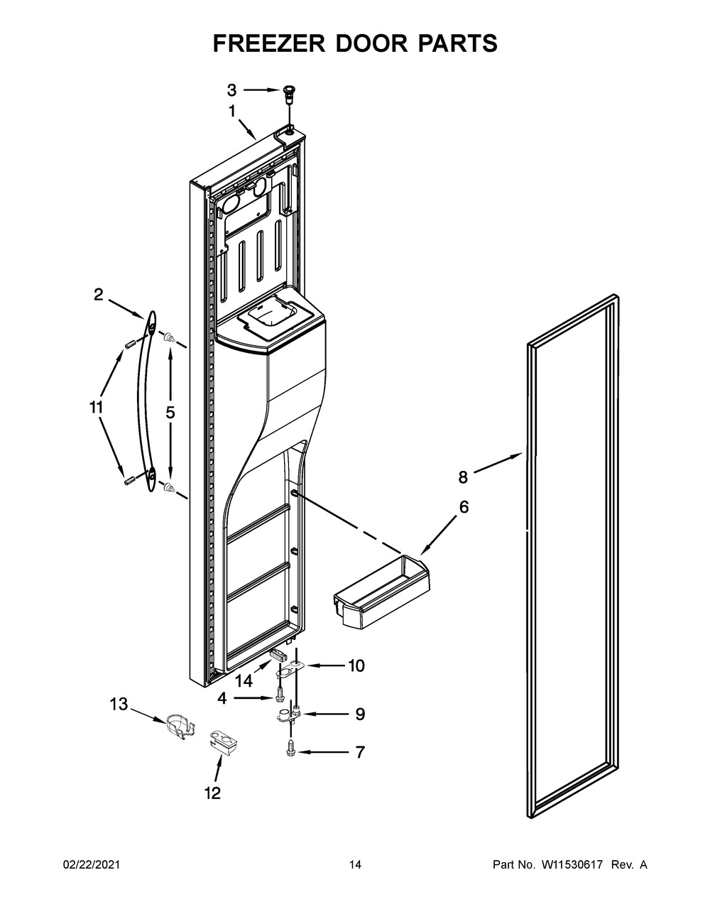 Freezer Door Parts Diagram and Parts List for WRS586FIEM05  Whirlpool Refrigerator