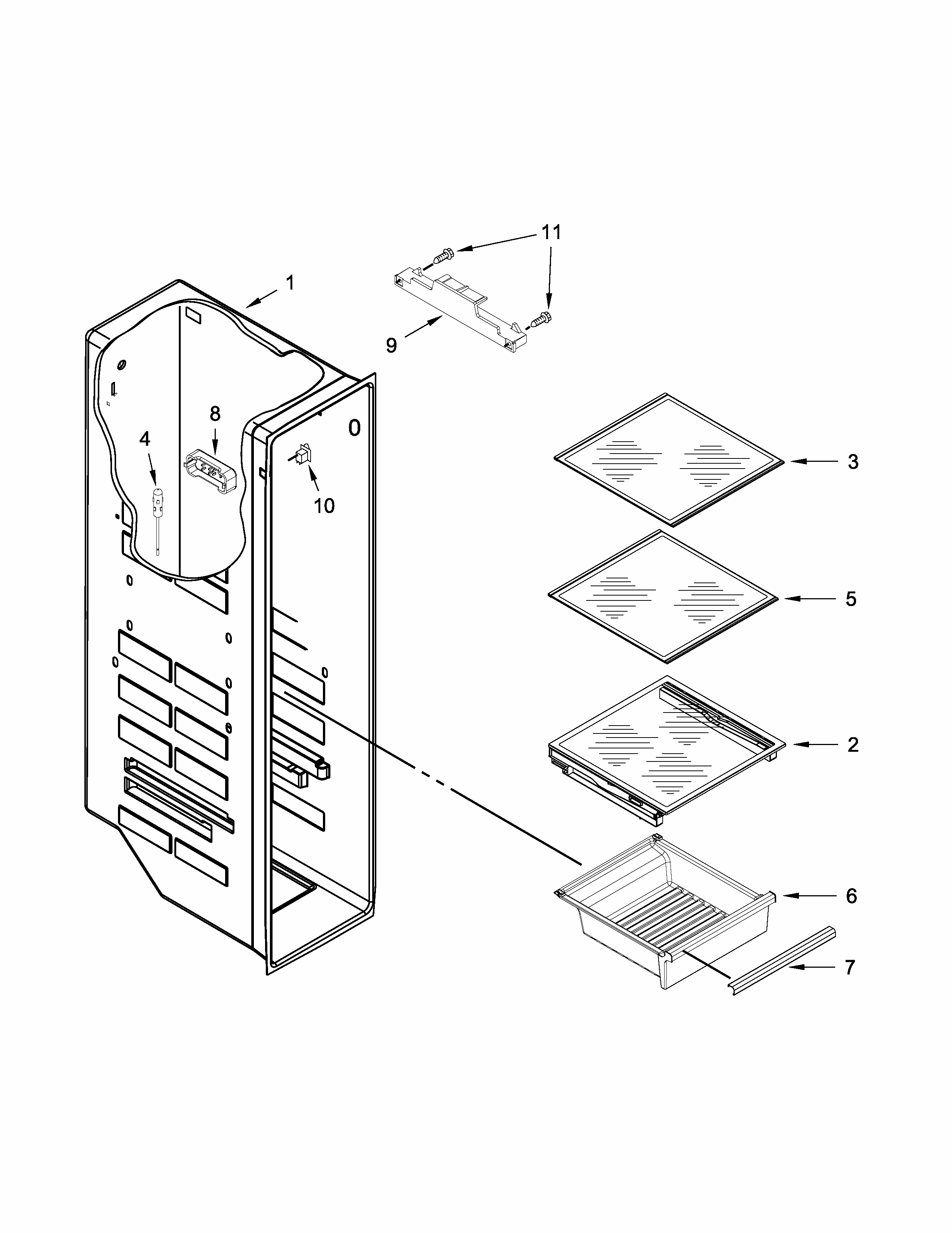 Freezer Liner Parts Diagram and Parts List for ISC21CNEDS00  Whirlpool Refrigerator