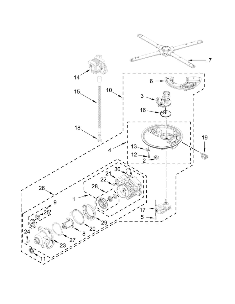 Pump, Washarm And Motor Parts Diagram and Parts List for KDTM354DSS3  KitchenAid Dishwasher