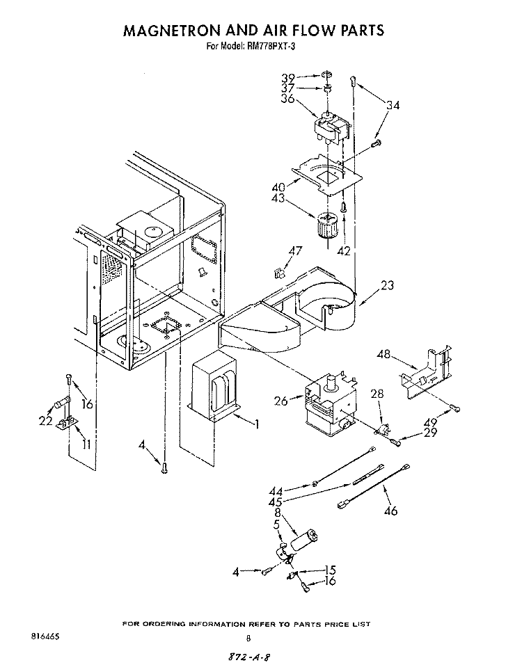 MAGNETRON AND AIR FLOW Diagram and Parts List for RM778PXT3  Whirlpool Microwave Oven Combo