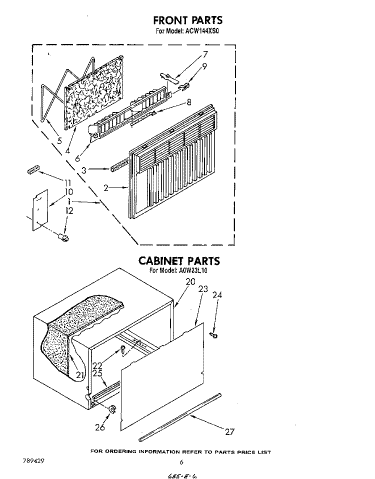 FRONT, CABINET Diagram and Parts List for ACW144XS0  Whirlpool Air Conditioner