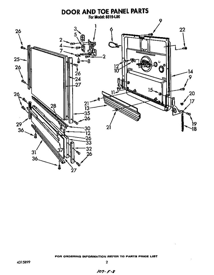 Door And Toe Panel Diagram and Parts List for 8519L00  Roper Dishwasher