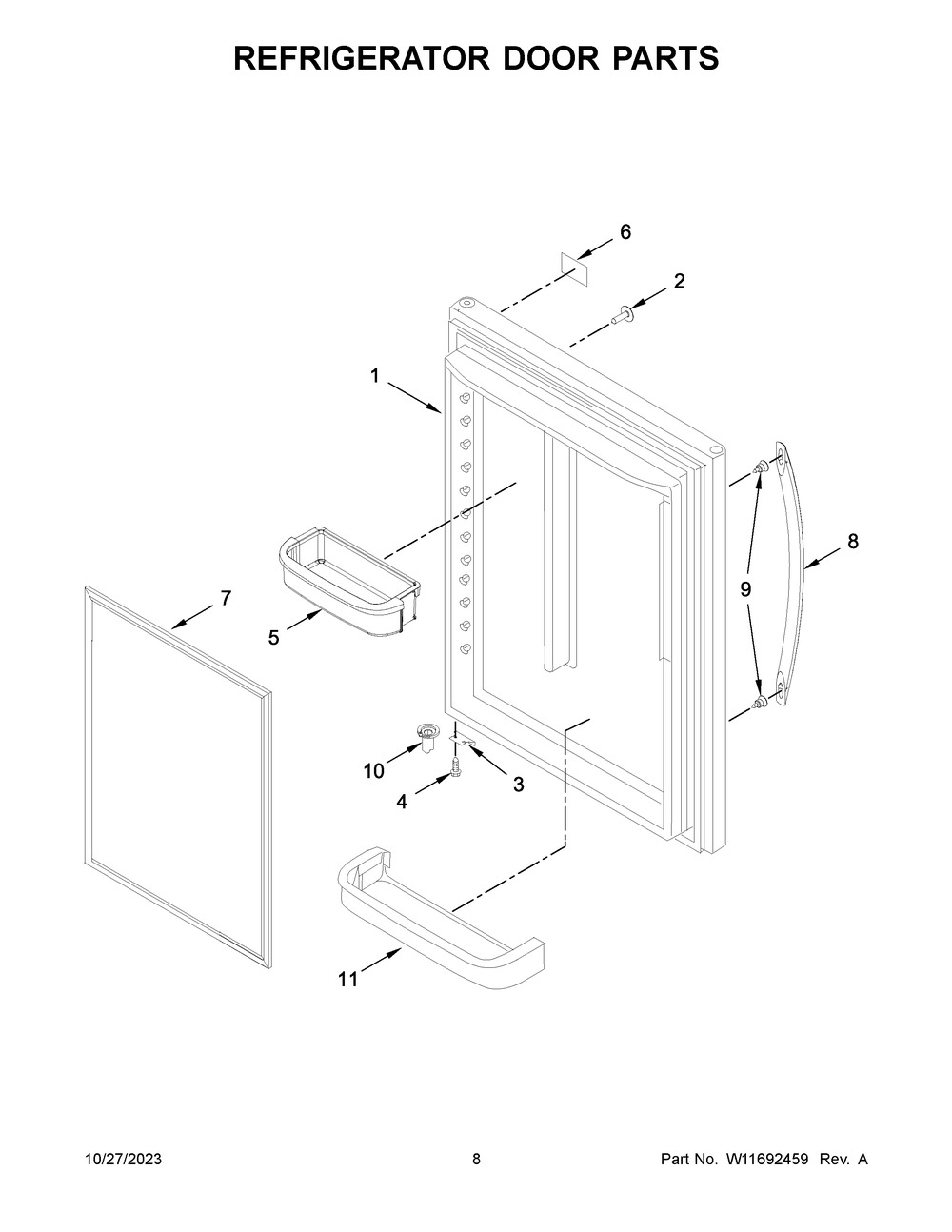 Refrigerator Door Parts Diagram and Parts List for WRB322DMBM05  Whirlpool Refrigerator