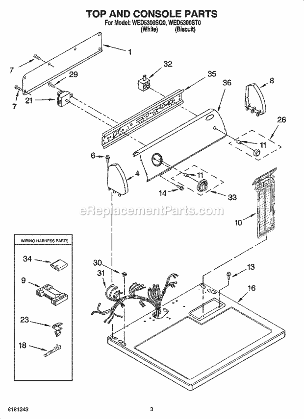 TOP AND CONSOLE PARTS Diagram and Parts List for WED5300SQ0  Whirlpool Dryer