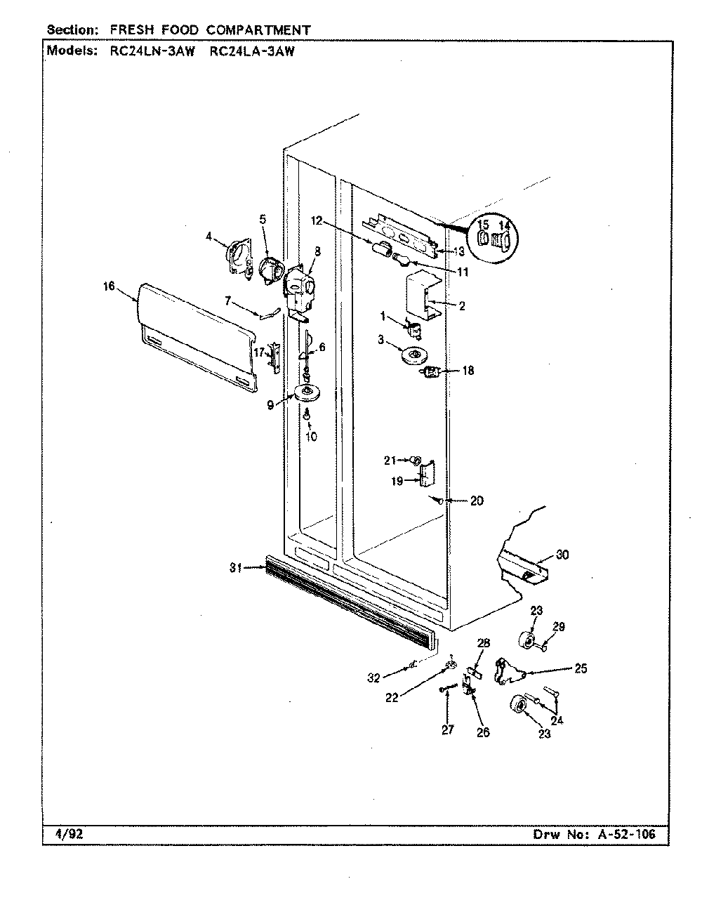 02 - Fresh Food Compartment Diagram and Parts List for RC24LN-3AW  Whirlpool Refrigerator