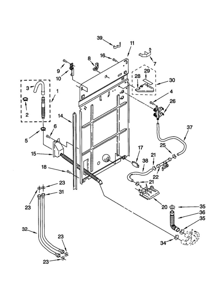 Rear Panel Diagram and Parts List for 11021884000  Kenmore Washer