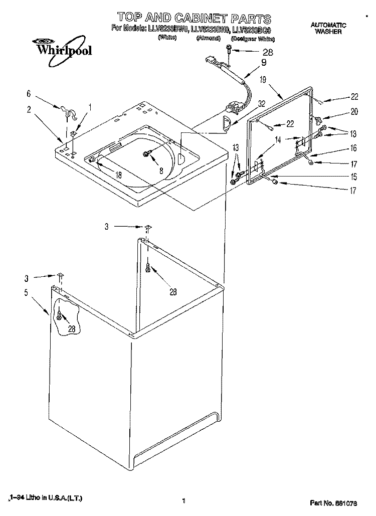 TOP AND CABINET, LIT/OPTIONAL Diagram and Parts List for LLV8233BN0  Whirlpool Washer