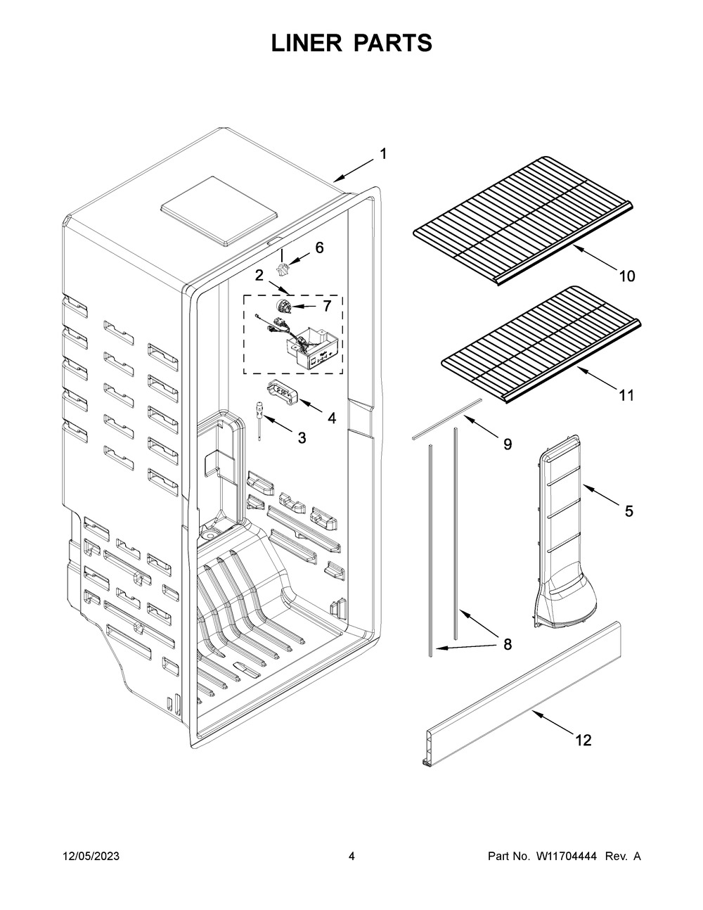 Liner Parts Diagram and Parts List for WZF34X18DW08  Whirlpool Freezer