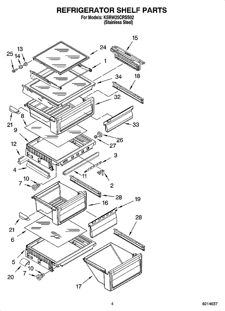 REFRIGERATOR SHELF PARTS Diagram and Parts List for KSRW25CRSS02  KitchenAid Refrigerator