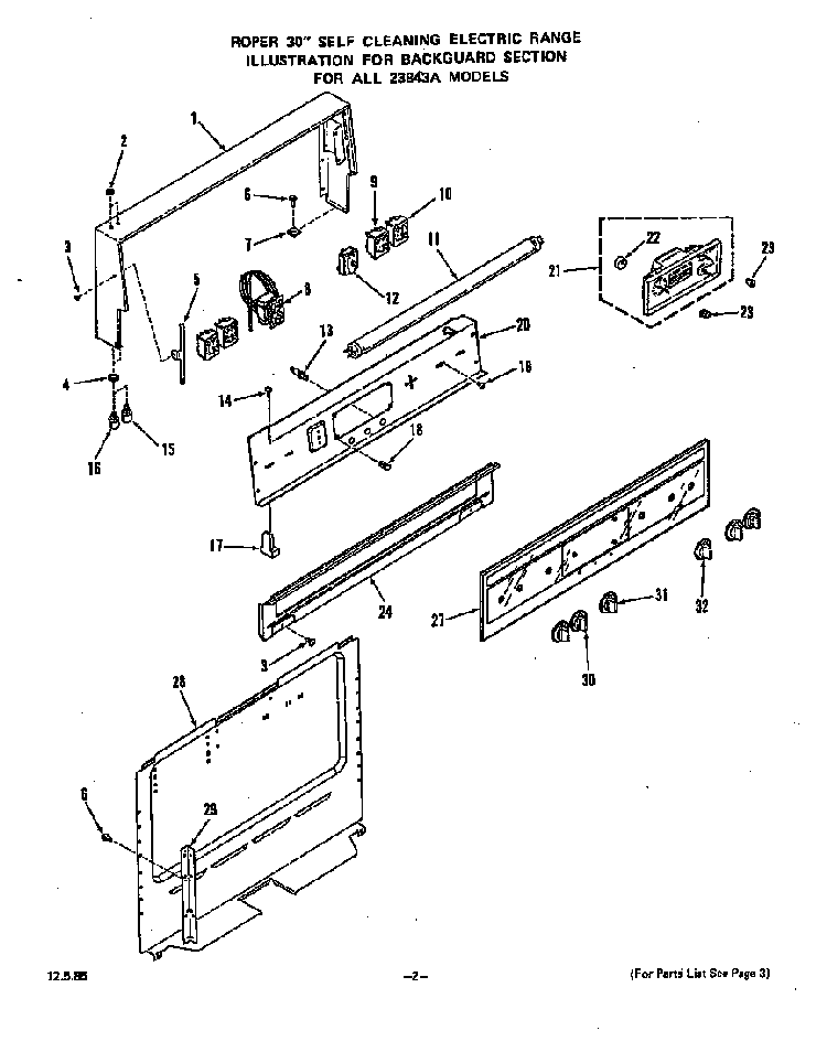 Backguard Diagram and Parts List for 2384*3A  Roper Range