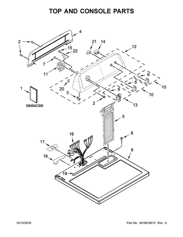 Top And Console Parts Diagram and Parts List for 3LWED4705FW0  Whirlpool Dryer