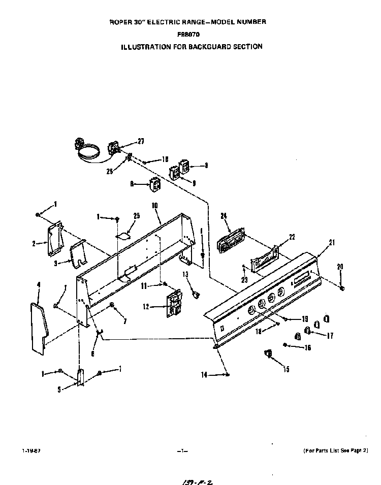 Backguard Diagram and Parts List for F9807*0  Roper Range