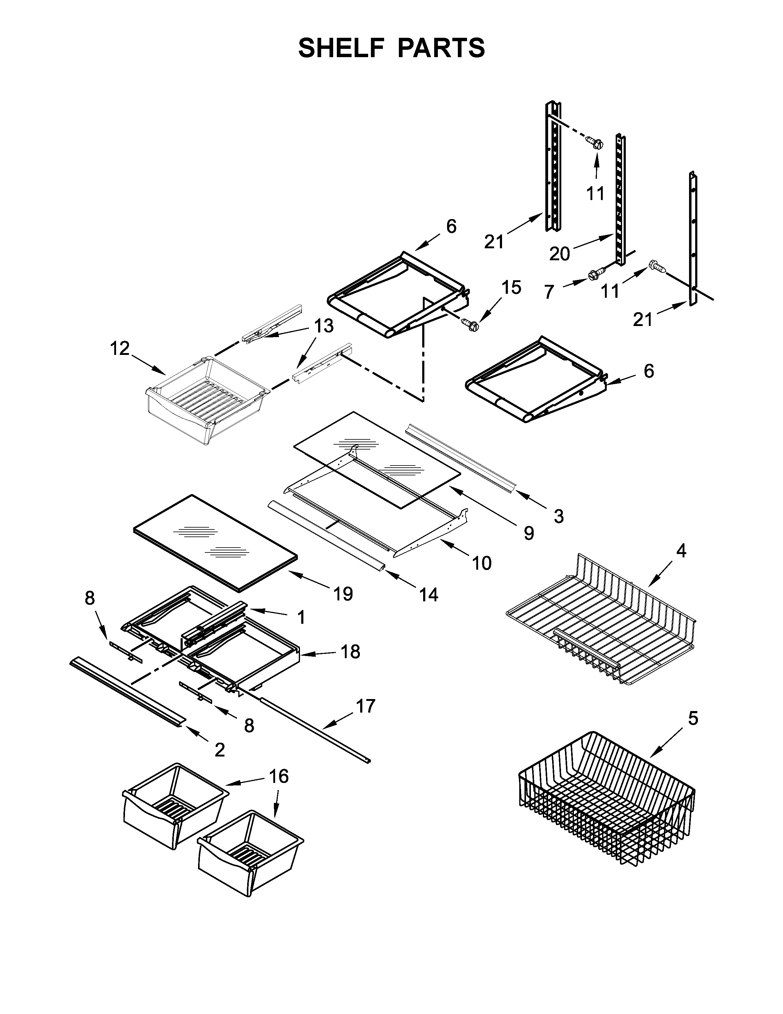 Shelf Parts Diagram and Parts List for IX3HHGXSS000  Whirlpool Refrigerator