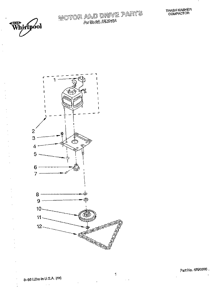 MOTOR AND DRIVE, LITERATURE Diagram and Parts List for AMB7554  Whirlpool Trash Compactor