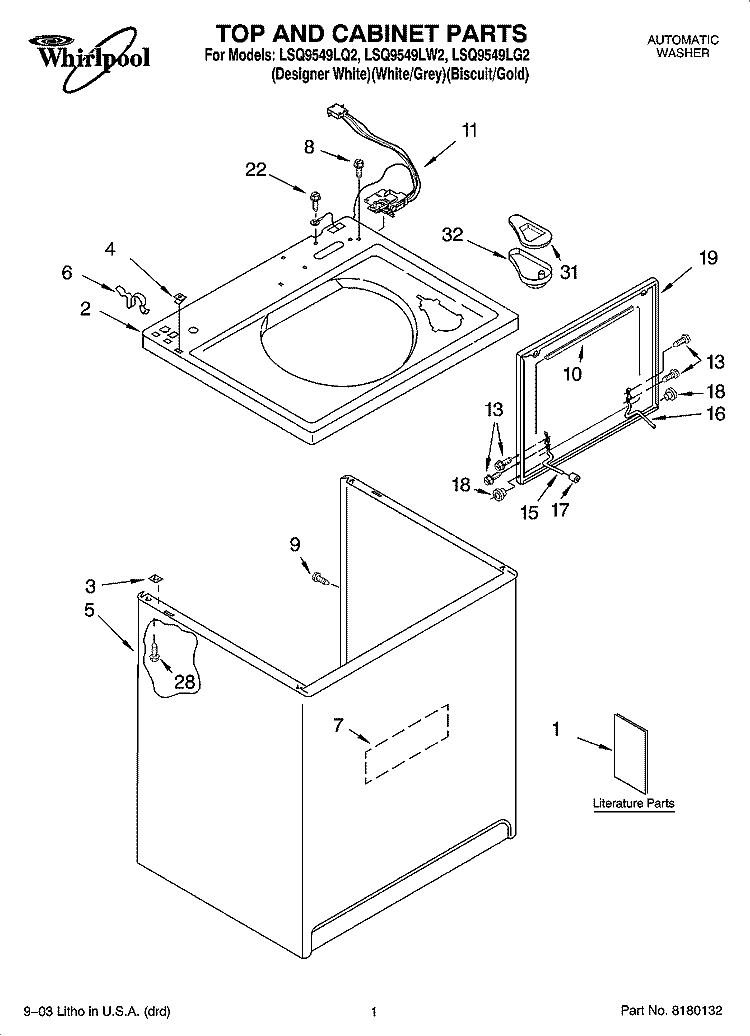 TOP AND CABINET PARTS Diagram and Parts List for LSQ9549LW2  Whirlpool Washer