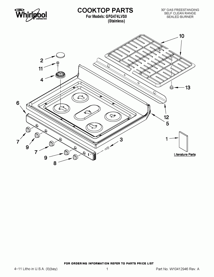 COOKTOP PARTS Diagram and Parts List for GFG474LVS0  Whirlpool Range