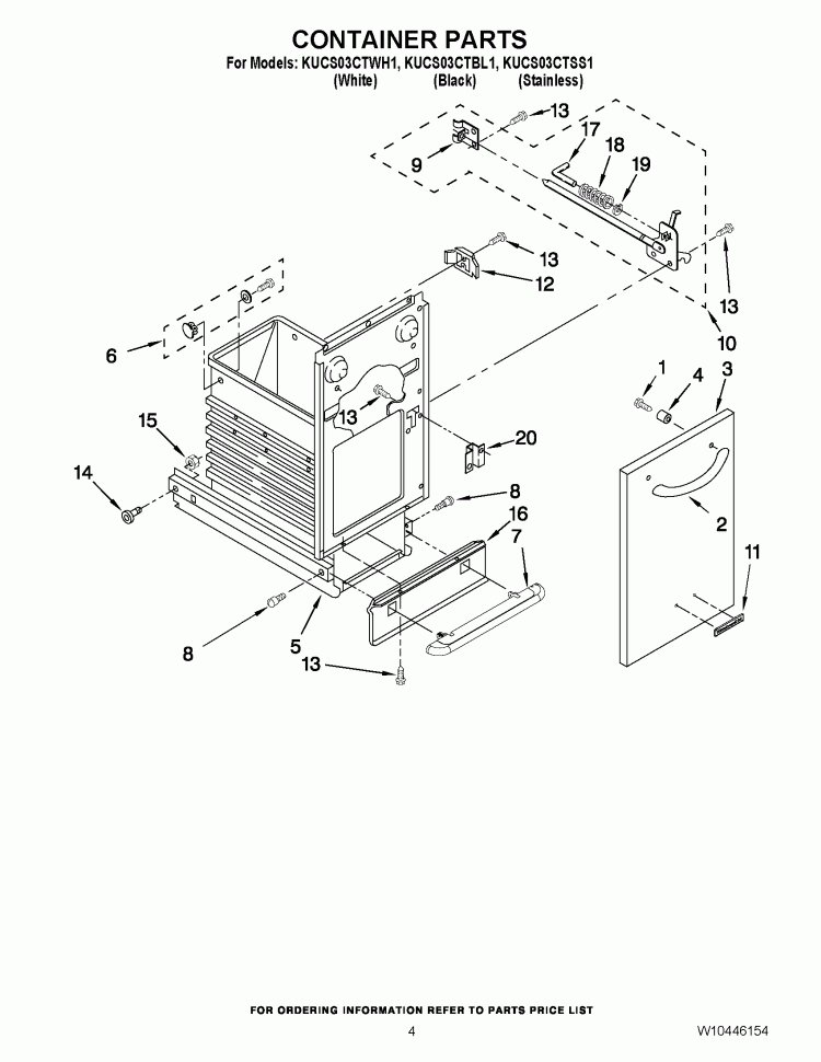 CONTAINER PARTS Diagram and Parts List for KUCS03CTSS1  KitchenAid Trash Compactor