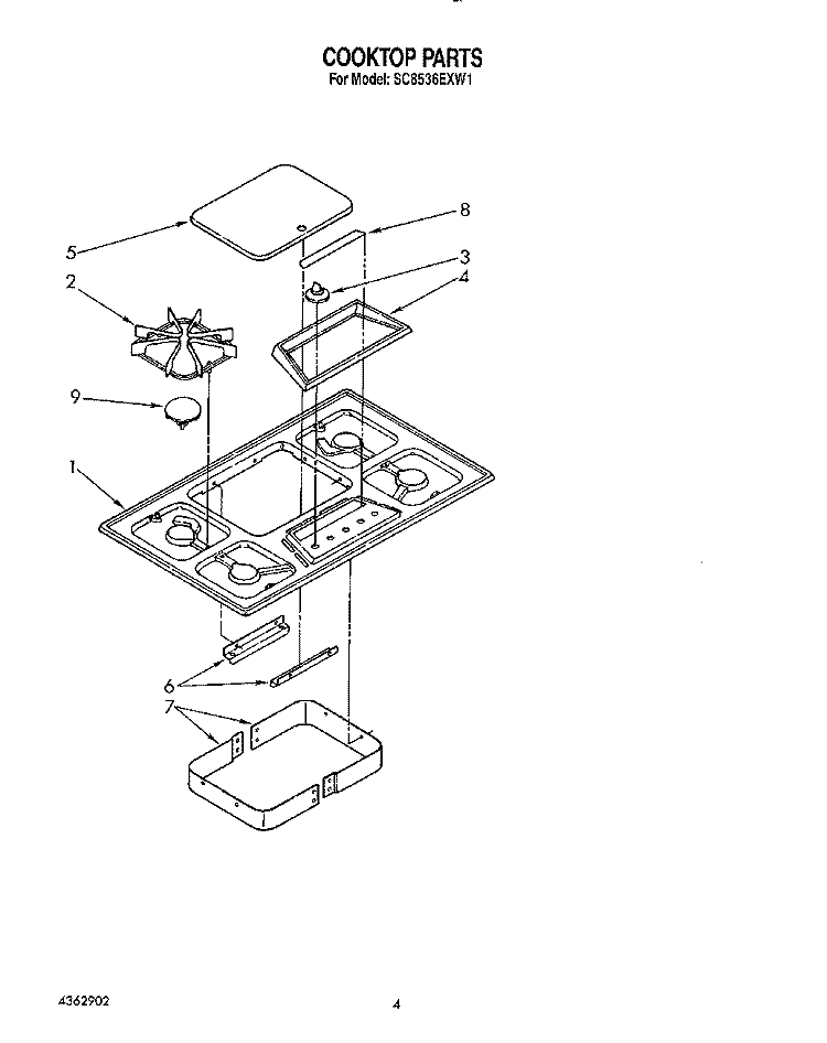 COOKTOP Diagram and Parts List for SC8536EXN1  Whirlpool Cooktop