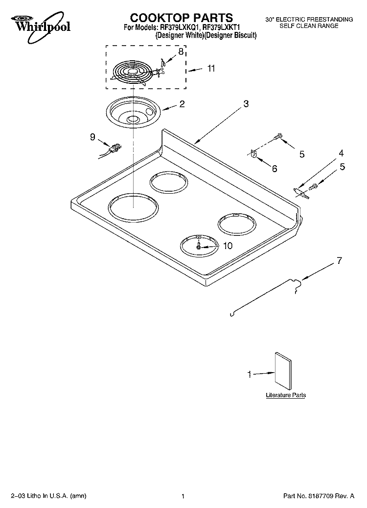 COOKTOP PARTS Diagram and Parts List for RF379LXKQ1  Whirlpool Range