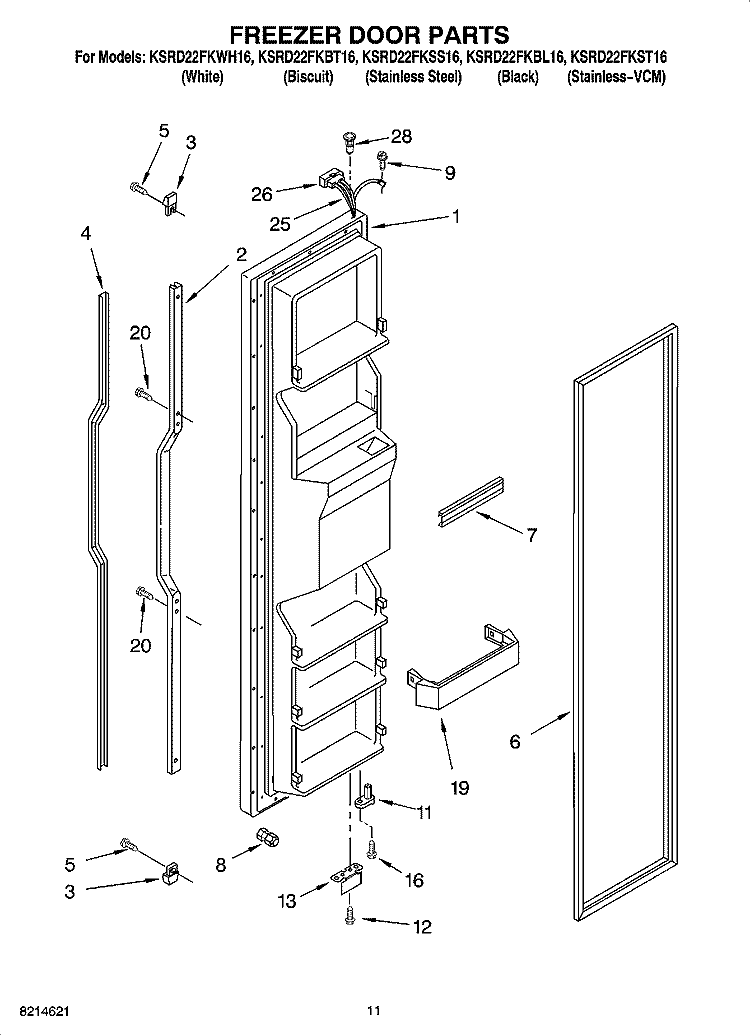 FREEZER DOOR PARTS Diagram and Parts List for KSRD22FKBL16  KitchenAid Refrigerator