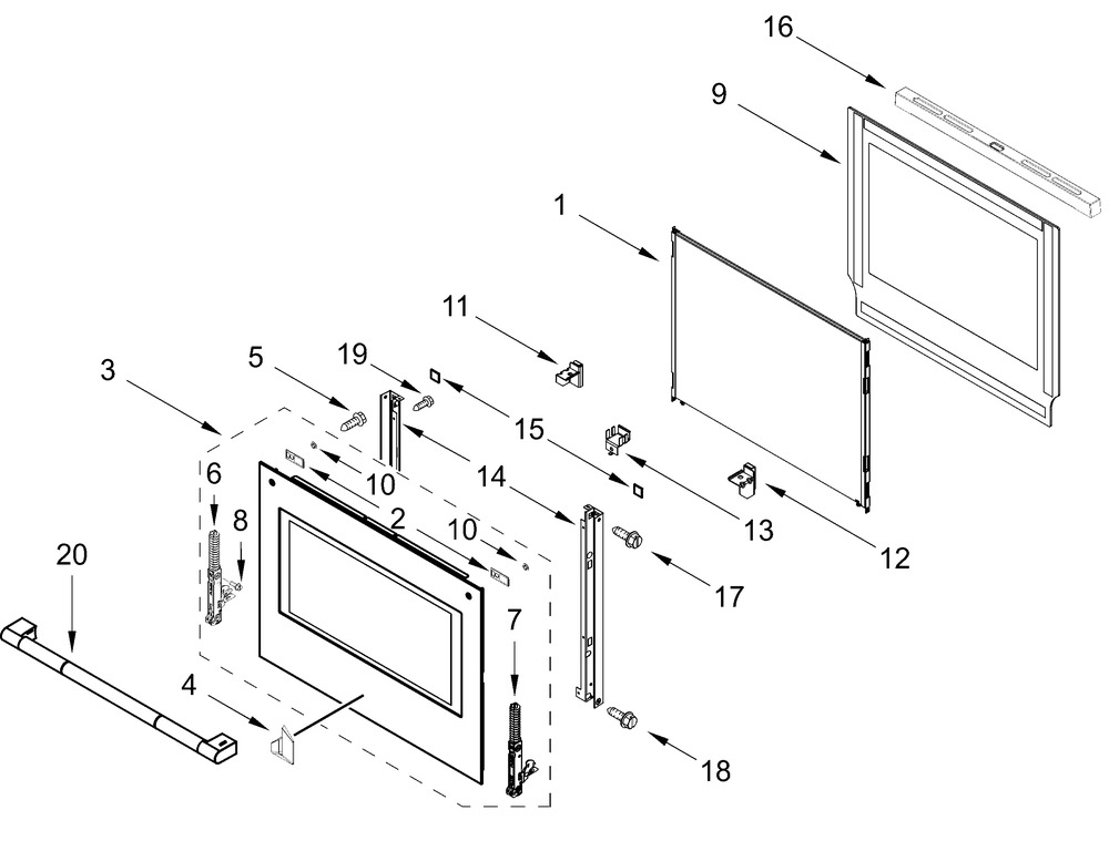 Oven Door Parts Diagram and Parts List for JOECC530RL00  Whirlpool Microwave Oven Combo