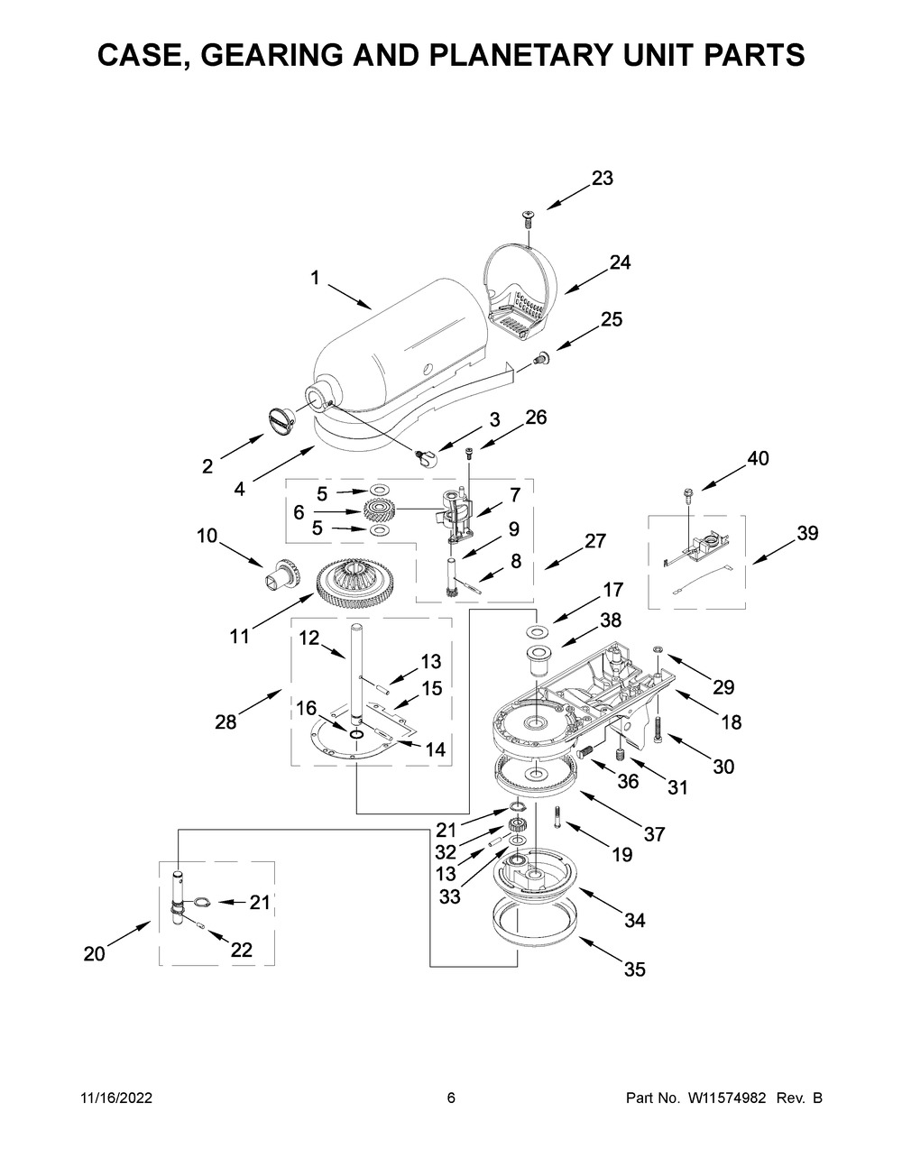 Case, Gearing And Planetary Unit Parts Diagram and Parts List for 5KSM195PSZHI0  KitchenAid Mixer