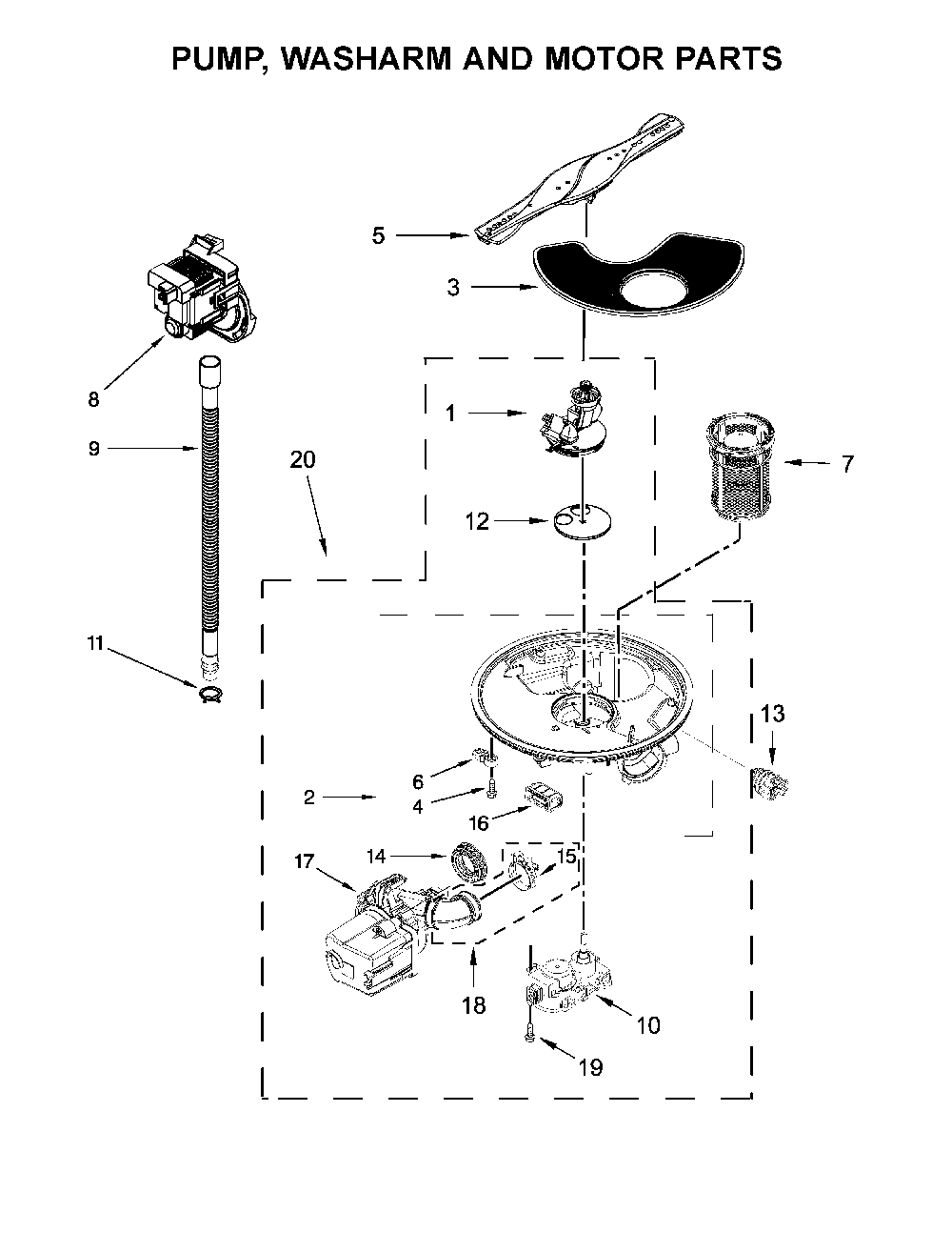 Pump, washarm and motor parts Diagram and Parts List for 66513479N413  Kenmore Dishwasher
