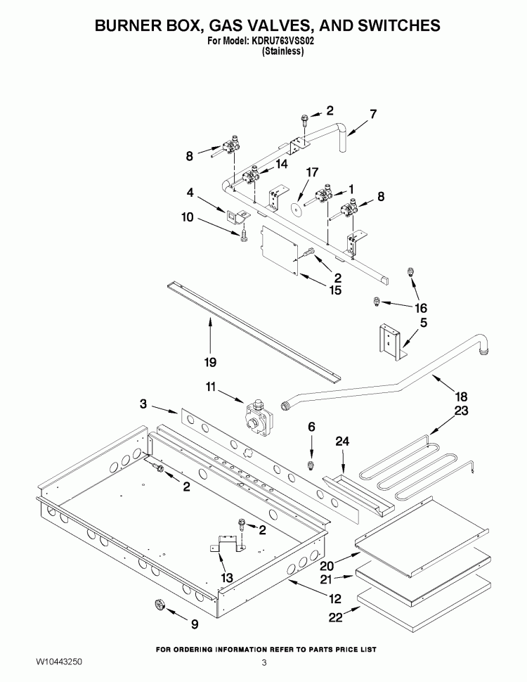 BURNER BOX, GAS VALVES, AND SWITCHES Diagram and Parts List for KDRU763VSS02  KitchenAid Range
