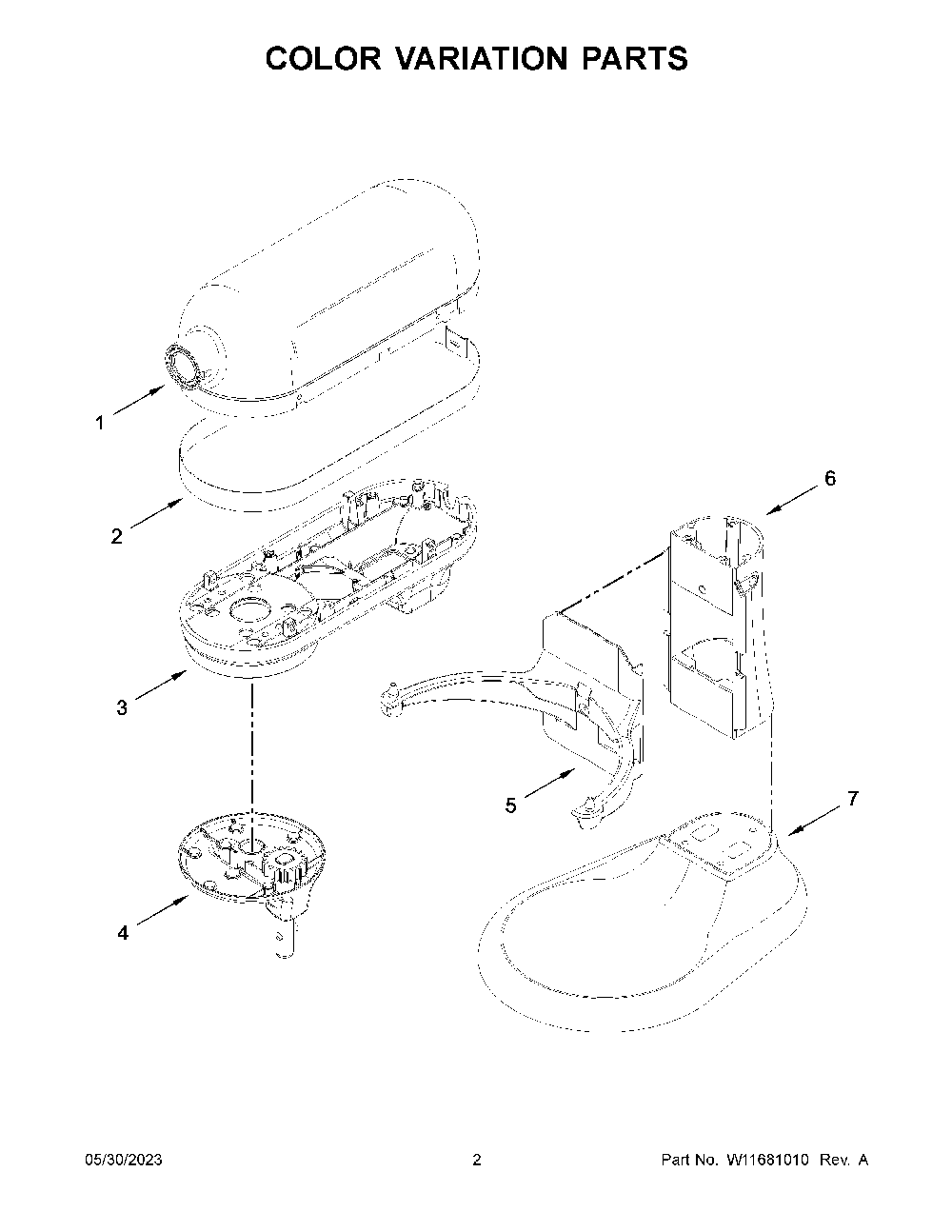 Color Variation Parts Diagram and Parts List for KSM70SNDXVB0  KitchenAid Mixer