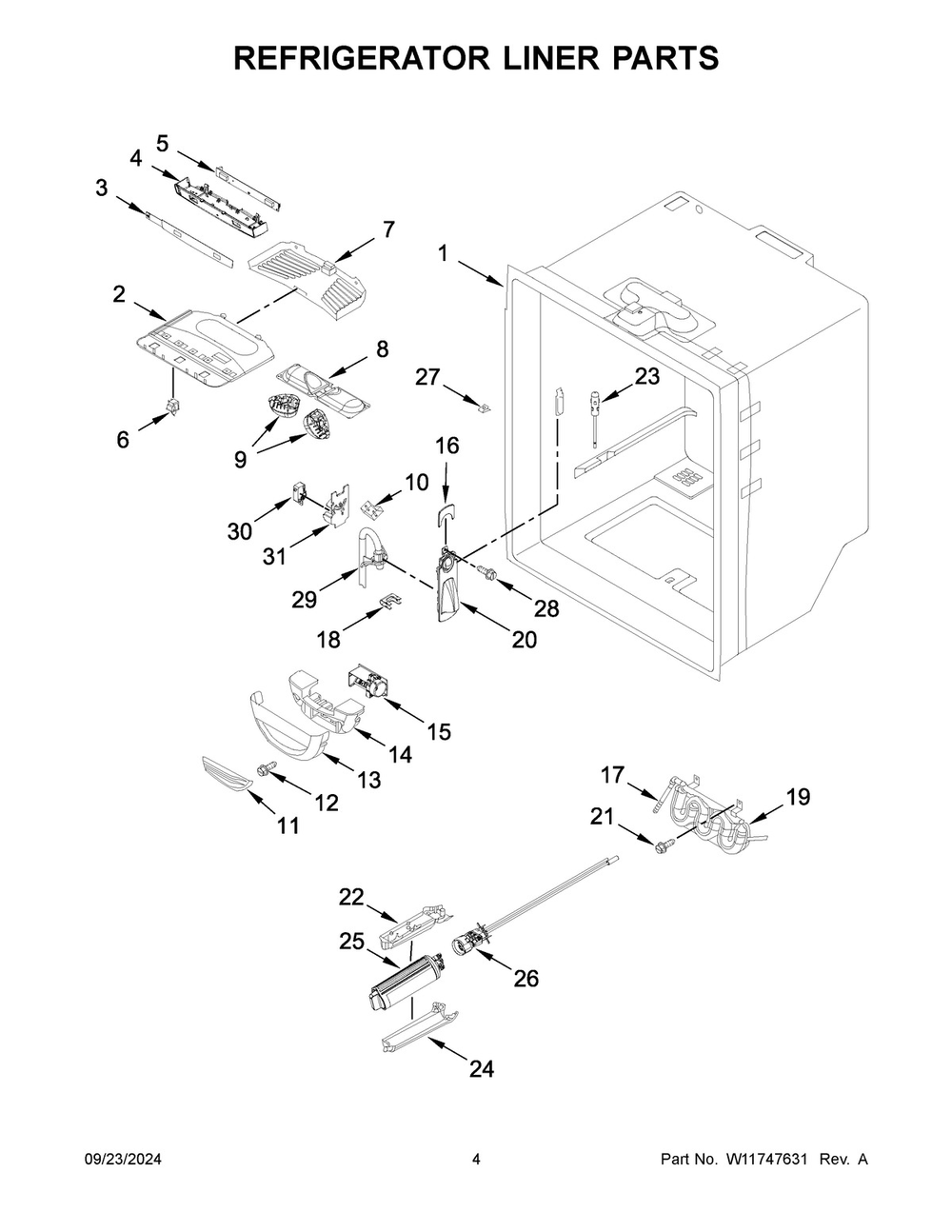 03 - Refrigerator Liner Parts Diagram and Parts List for WRFC2036RV00  Whirlpool Refrigerator