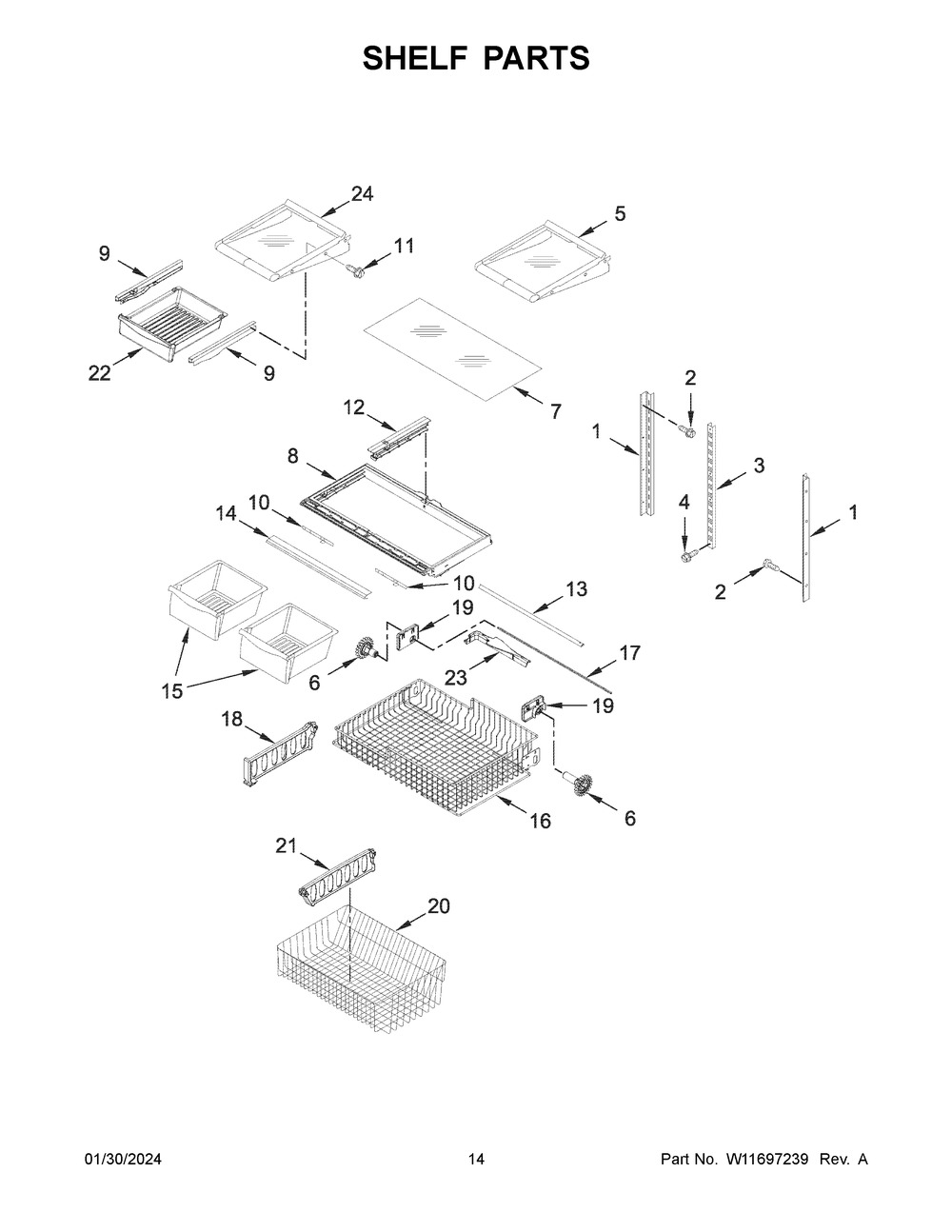 Shelf Parts Diagram and Parts List for WRB329DMBW05  Whirlpool Refrigerator