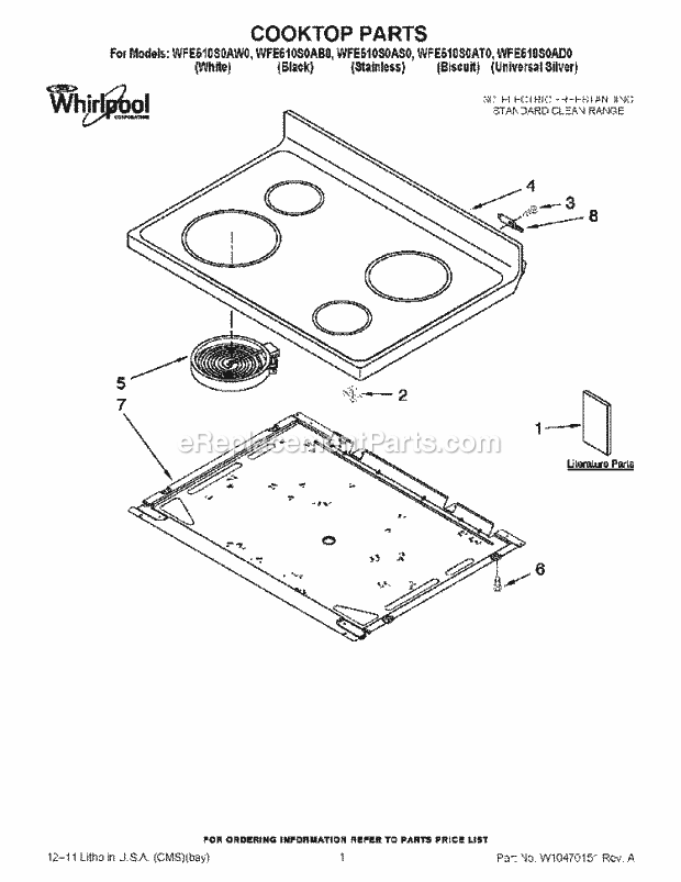 Cooktop Parts Diagram and Parts List for WFE510S0AD0  Whirlpool Range