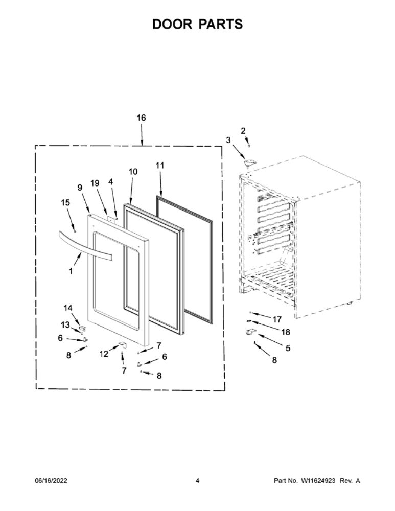Door Parts Diagram and Parts List for WUB50X24HV02  Whirlpool Wine and Beverage Cooler