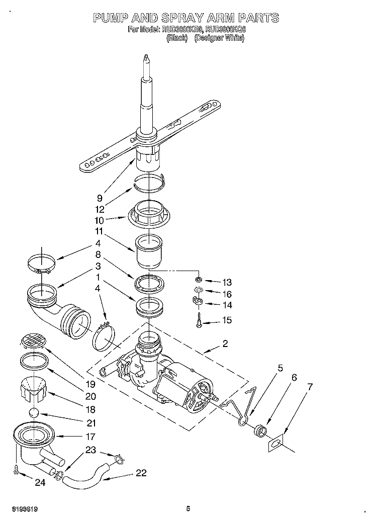 PUMP AND SPRAYARM Diagram and Parts List for RUD3000KQ0  Roper Dishwasher