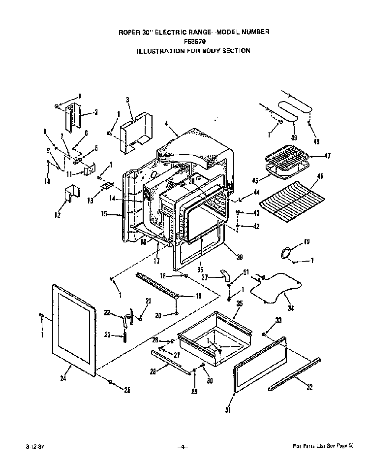 Body Diagram and Parts List for F5357*0  Roper Range