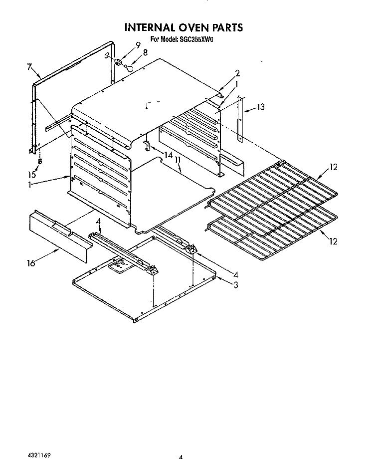 INTERNAL OVEN Diagram and Parts List for SGC355XW0  Roper Range