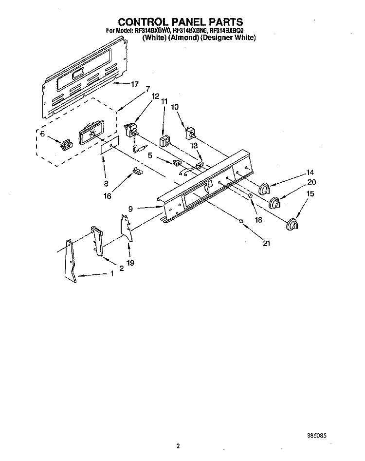 CONTROL PANEL Diagram and Parts List for RF314BXBN0  Whirlpool Range