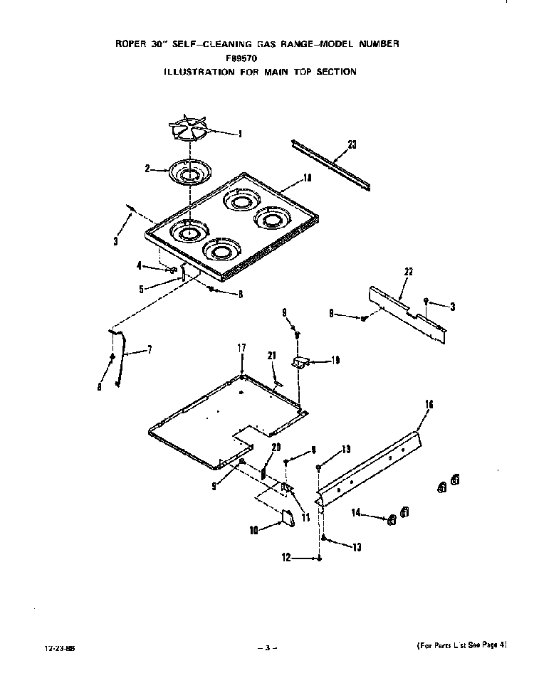 Main Top Diagram and Parts List for F8957*0  Roper Range