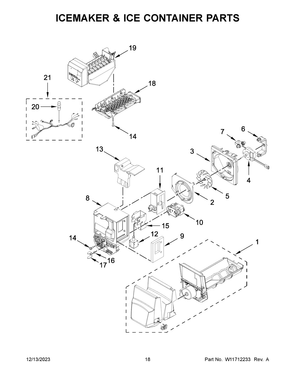 Icemaker And Ice Container Parts Diagram and Parts List for WRX735SDHV08  Whirlpool Refrigerator