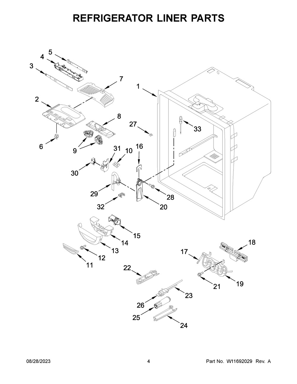 Refrigerator Liner Parts Diagram and Parts List for WRF540CWHV08  Whirlpool Refrigerator