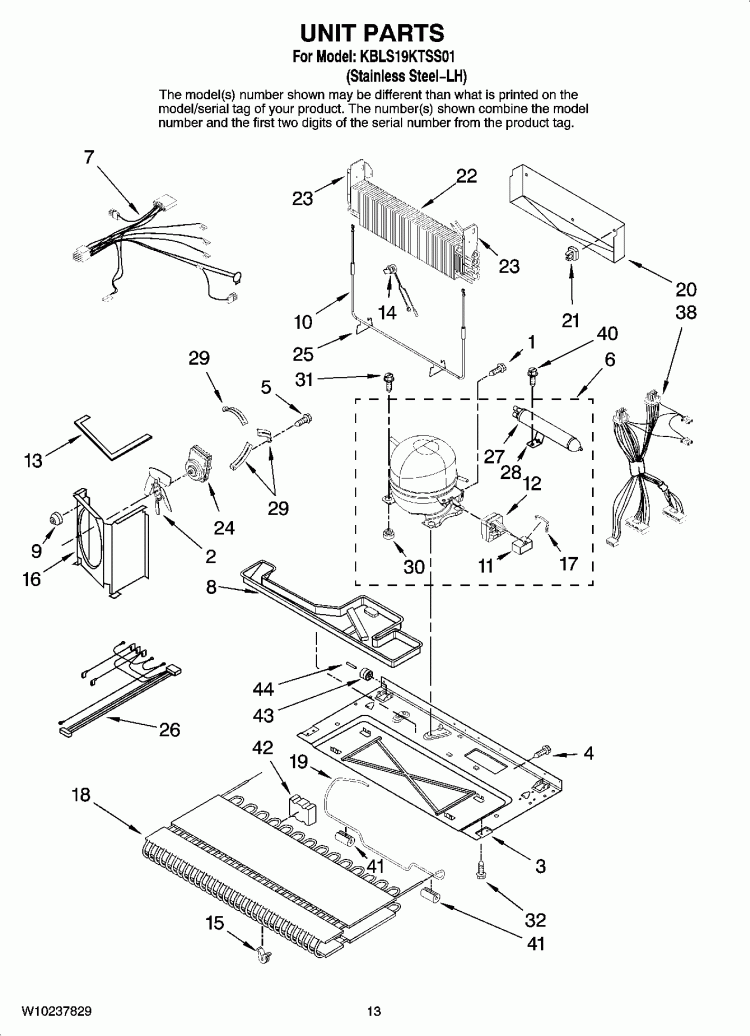 UNIT PARTS, OPTIONAL PARTS (NOT INCLUDED) Diagram and Parts List for KBLS19KTSS01  KitchenAid Refrigerator