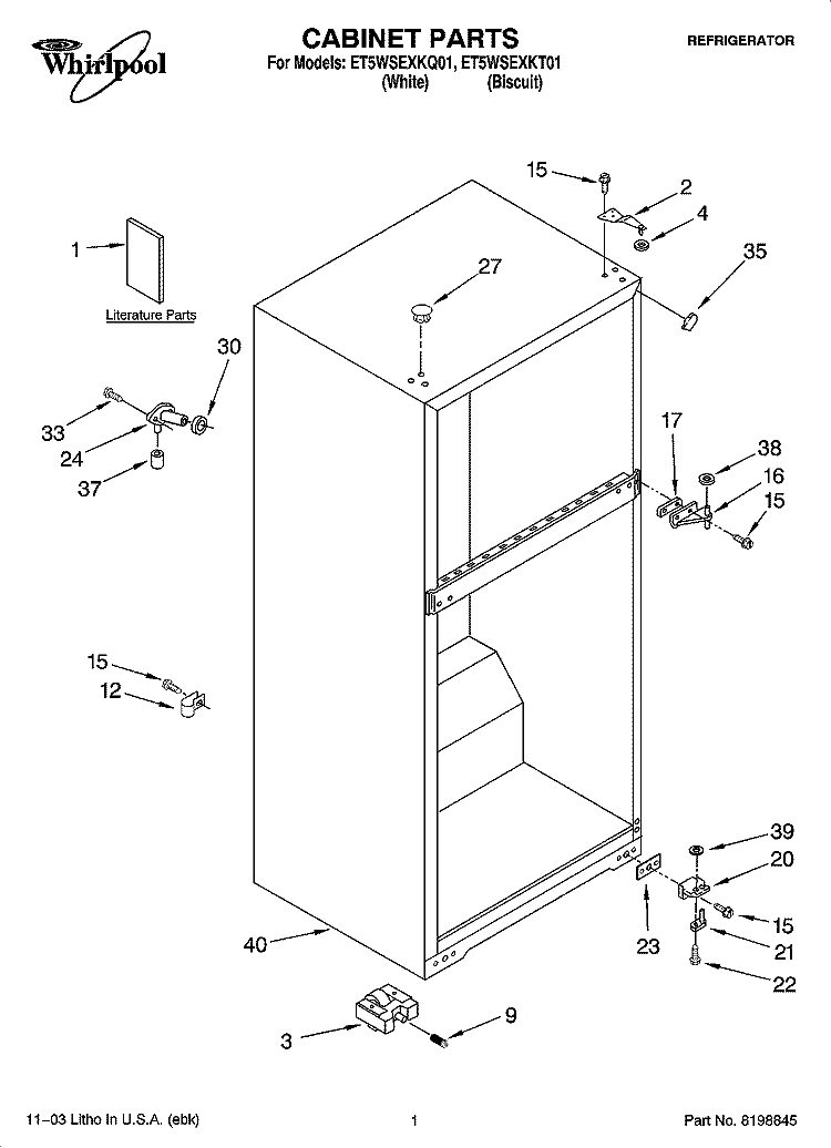CABINET PARTS Diagram and Parts List for ET5WSEXKT01  Whirlpool Refrigerator