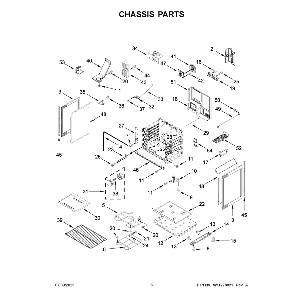Chassis Parts Diagram and Parts List for YWFES7030SW0  Whirlpool Range