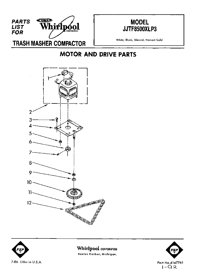 MOTOR AND DRIVE, LIT/OPTIONAL Diagram and Parts List for JJTF8500XLP3  Whirlpool Trash Compactor