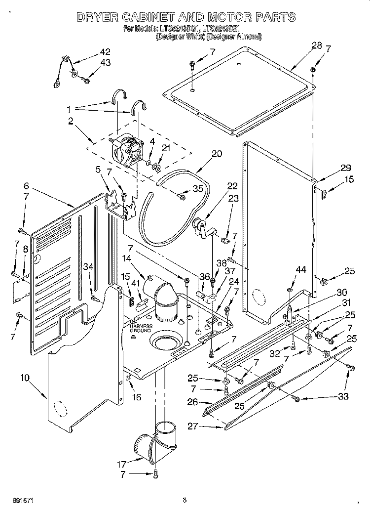 DRYER CABINET AND MOTOR Diagram and Parts List for LTG5243DQ1  Whirlpool Washer Dryer Combo