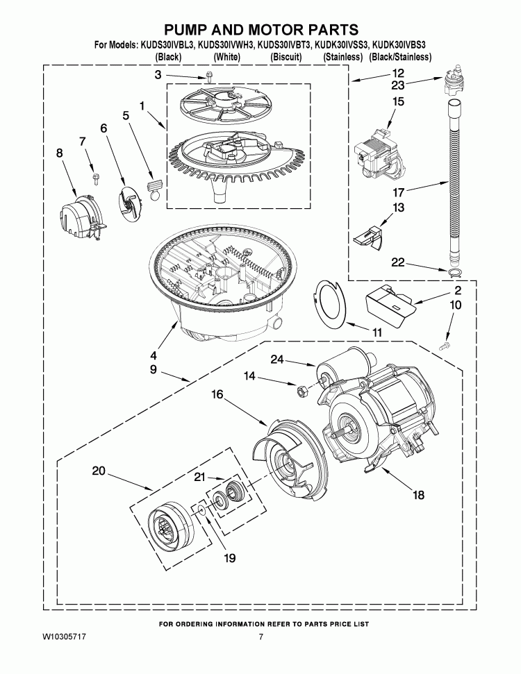 PUMP AND MOTOR PARTS Diagram and Parts List for KUDK30IVSS3  Whirlpool Dishwasher