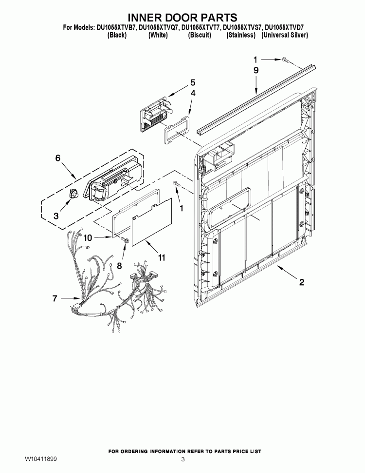 INNER DOOR PARTS Diagram and Parts List for DU1055XTVB7  Whirlpool Dishwasher