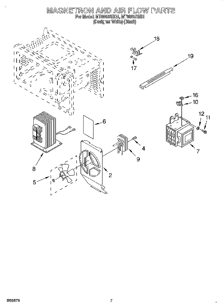 MAGNETRON AND AIRFLOW Diagram and Parts List for MT8068SEQ1  Whirlpool Microwave