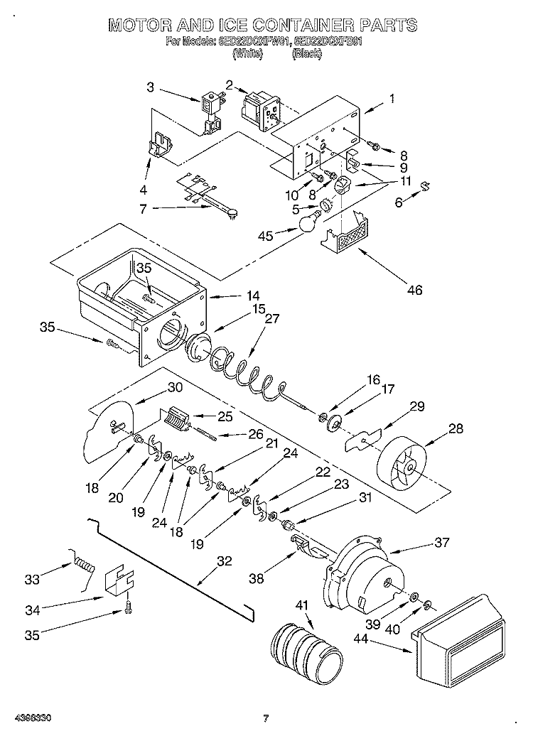 MOTOR AND ICE CONTAINER Diagram and Parts List for 6ED22DQXFW01  Whirlpool Refrigerator